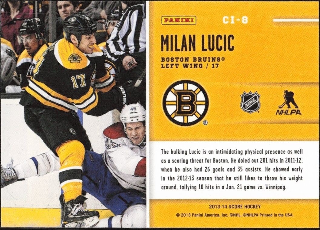 2013-14 Panini Score Milan Lucic #CI-8 hockey trading card back