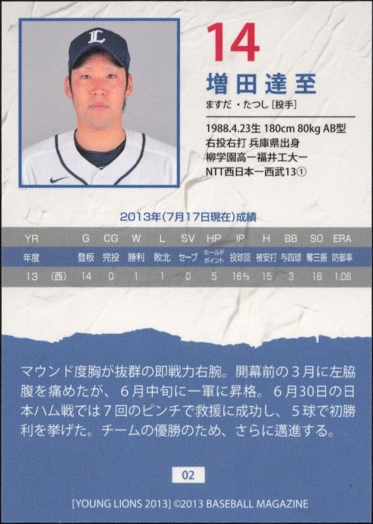 2013 Baseball Magazine Bbm Young Lions Tatsushi Masuda #14 baseball trading card back