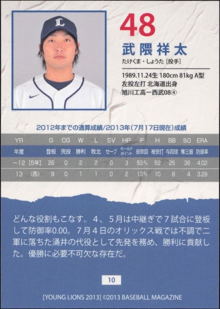 2013 Baseball Magazine Bbm Young Lions Shota Takekuma #48 baseball trading card back