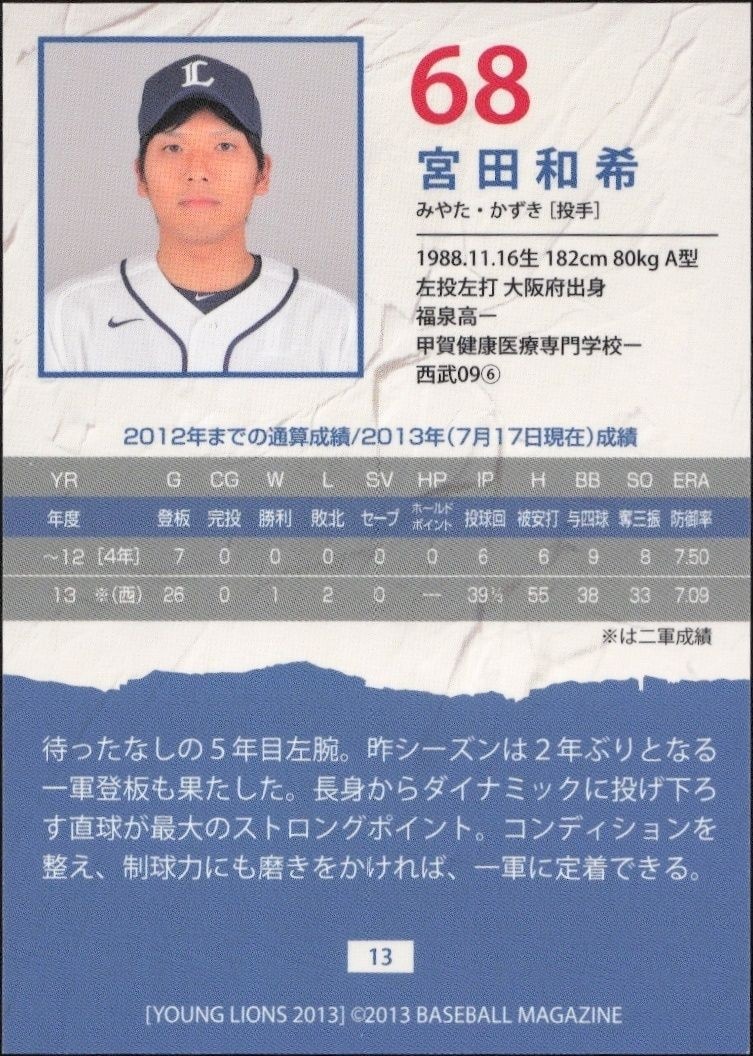 2013 Baseball Magazine Bbm Young Lions Kazuki Miyata #68 baseball trading card back
