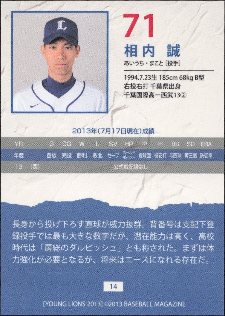2013 Baseball Magazine Bbm Young Lions Makoto Aiuchi #71 baseball trading card back