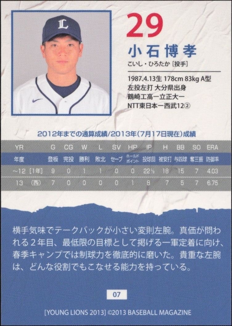 2013 Baseball Magazine Bbm Young Lions Hirotaka Koishi #29 baseball trading card back