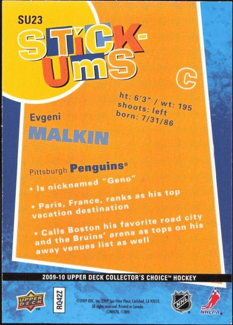 2009-10 Upper Deck Collector's Choice Evgeni Malkin #SU23 hockey trading card back