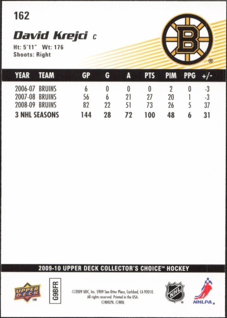 2009-10 Upper Deck Collector's Choice David Krejci #162 hockey trading card back