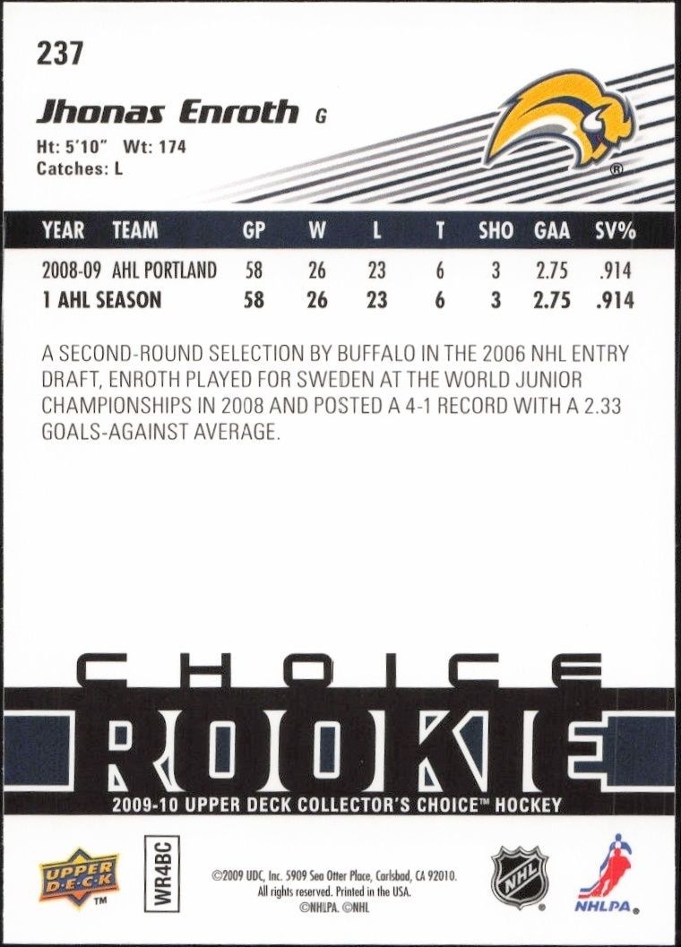 2009-10 Upper Deck Collector's Choice Jhonas Enroth #237 hockey trading card back