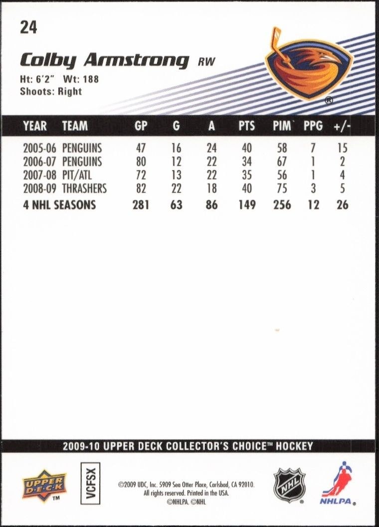 2009-10 Upper Deck Collector's Choice Colby Armstrong #24 hockey trading card back