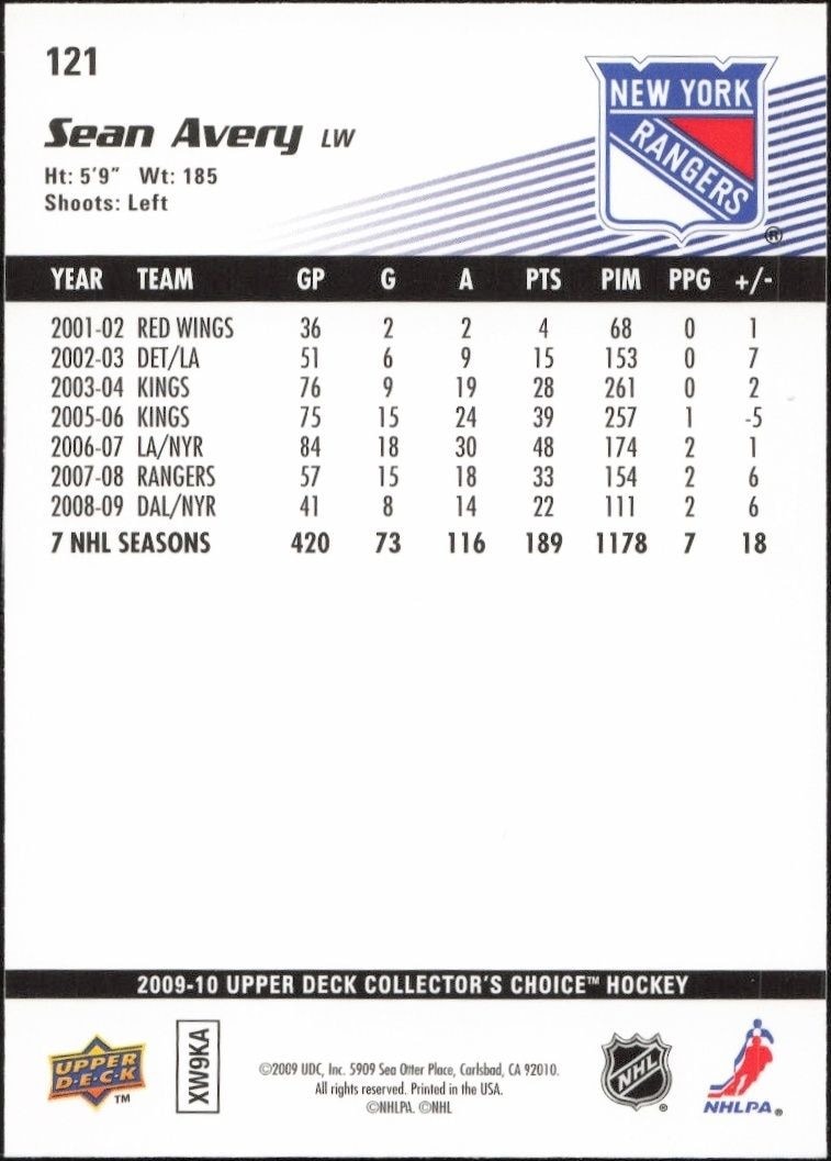 2009-10 Upper Deck Collector's Choice Sean Avery #121 hockey trading card back