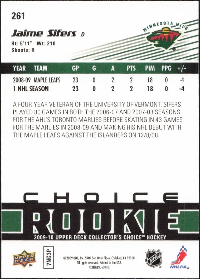2009-10 Upper Deck Collector's Choice Jaime Sifers #261 hockey trading card back