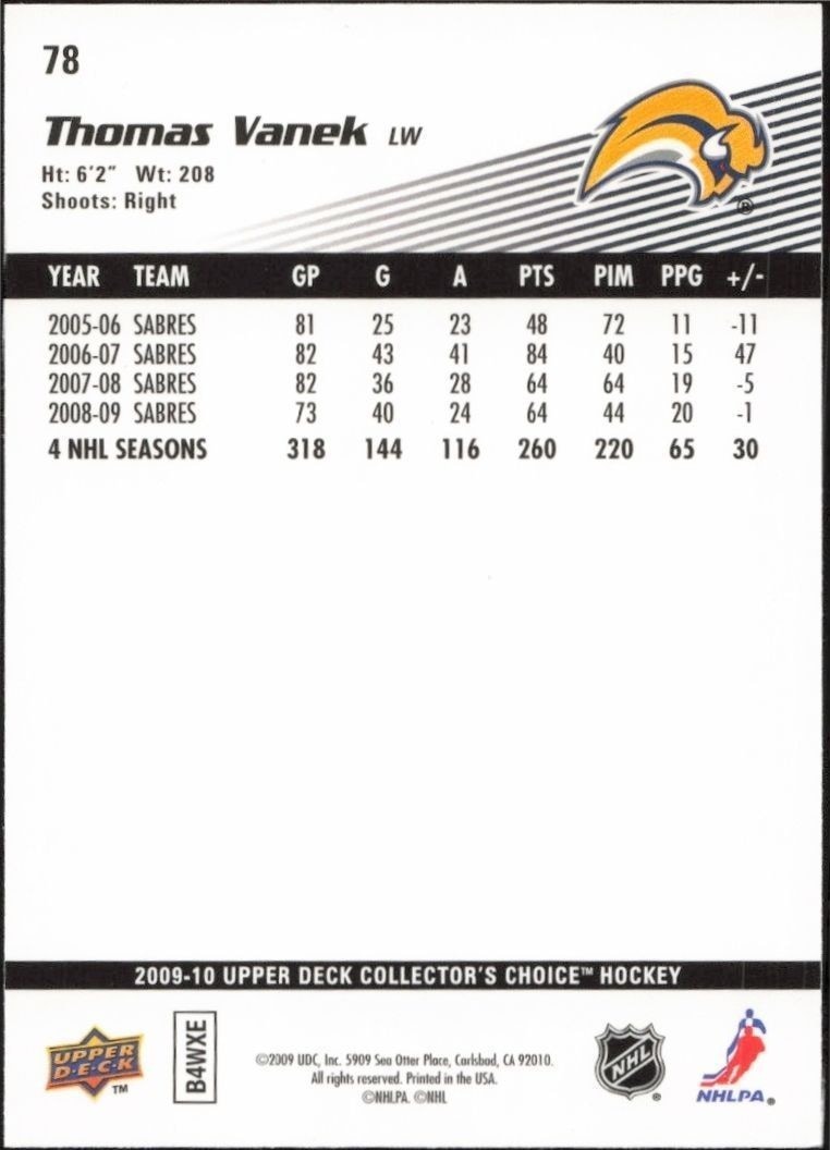 2009-10 Upper Deck Collector's Choice Thomas Vanek #78 hockey trading card back
