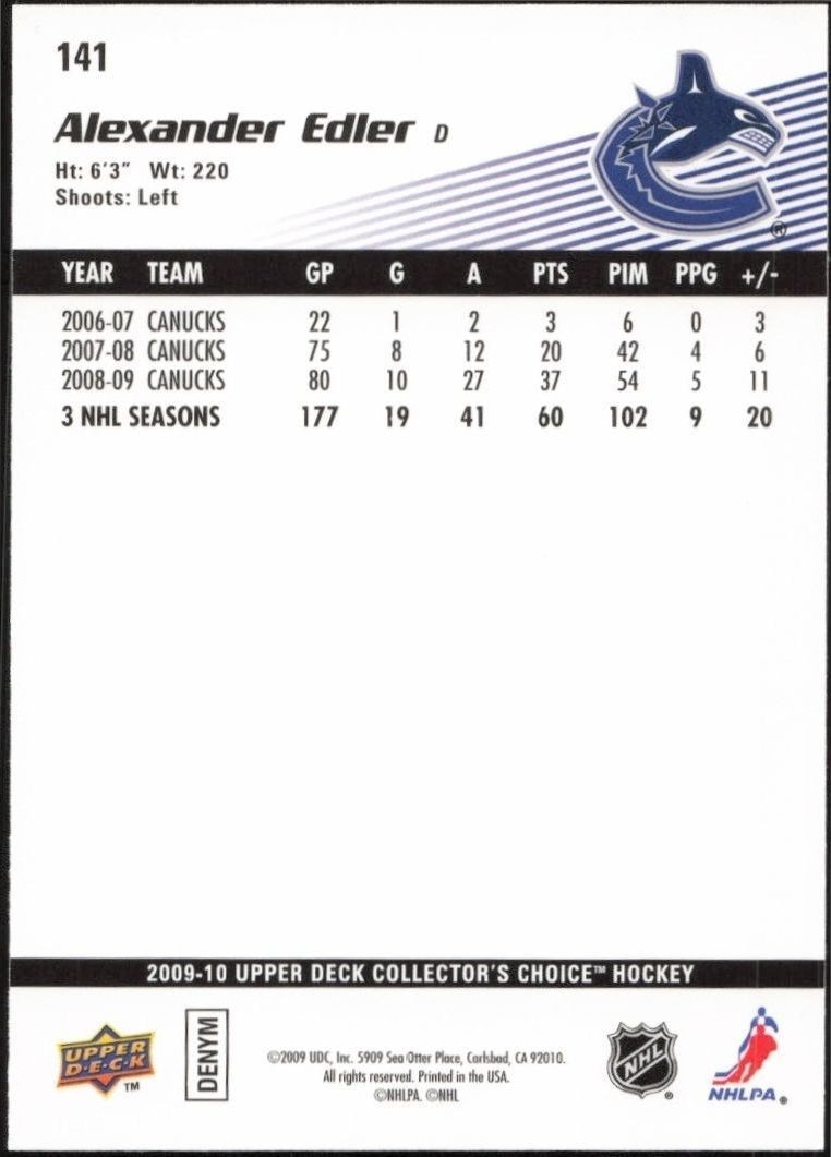 2009-10 Upper Deck Collector's Choice Alexander Edler #141 hockey trading card back