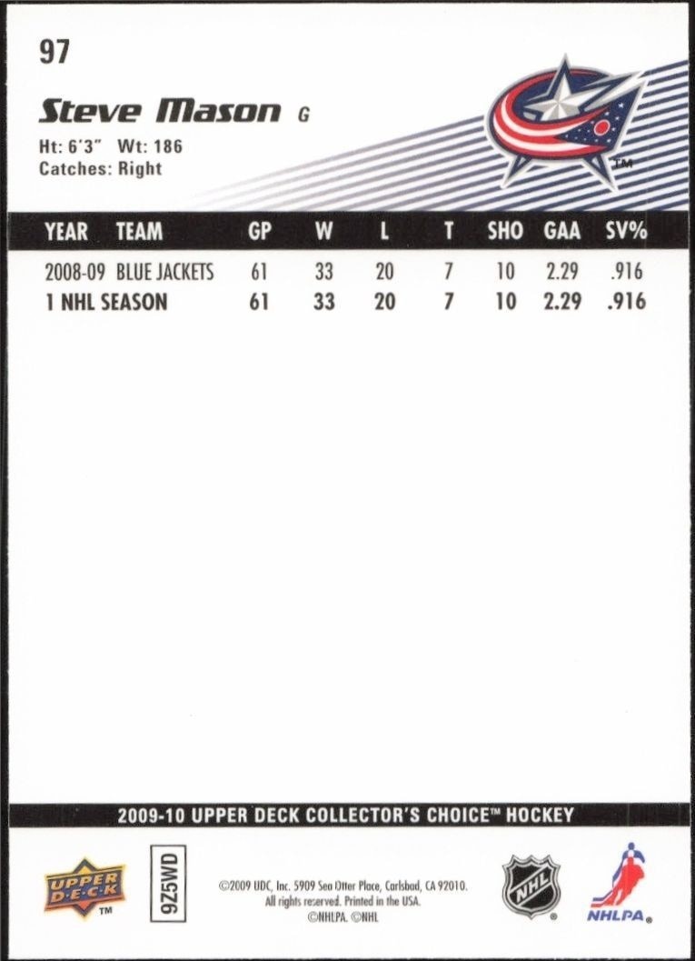 2009-10 Upper Deck Collector's Choice Steve Mason #97 hockey trading card back