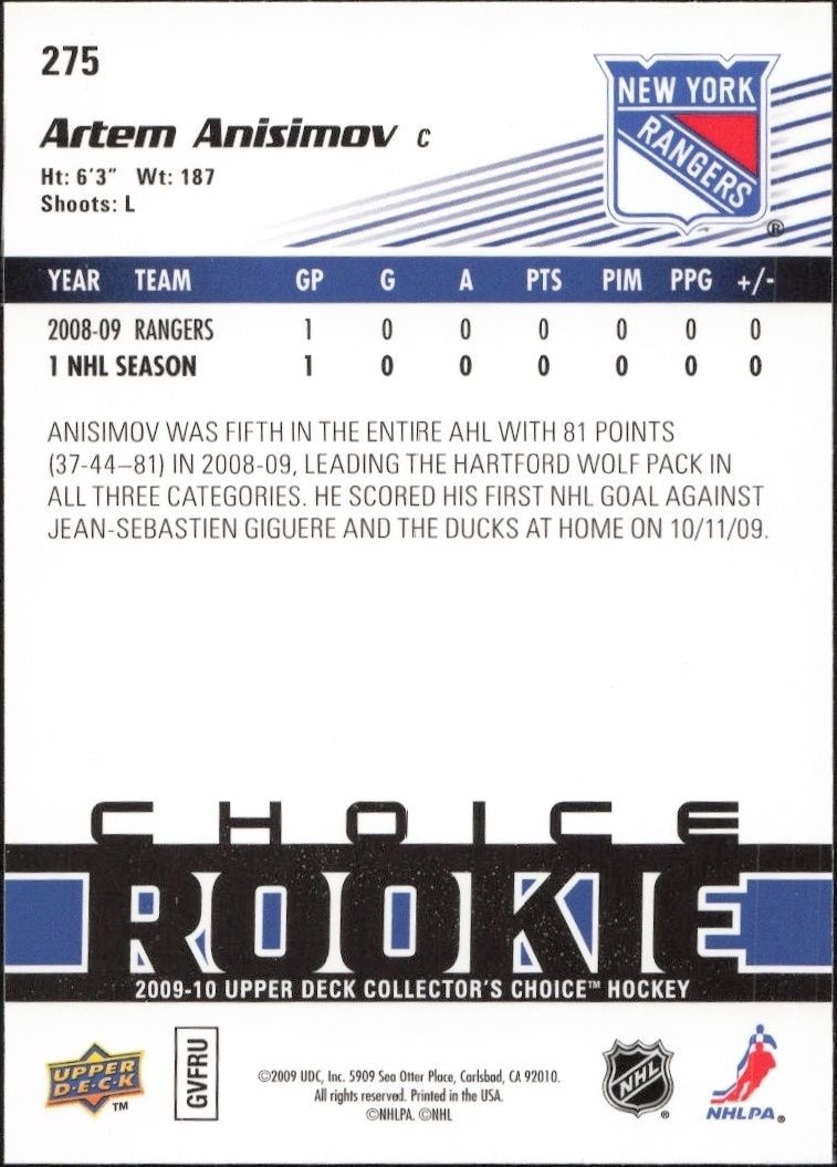 2009-10 Upper Deck Collector's Choice Artem Anisimov #275 hockey trading card back