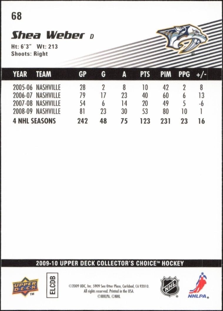 2009-10 Upper Deck Collector's Choice Shea Weber #68 hockey trading card back