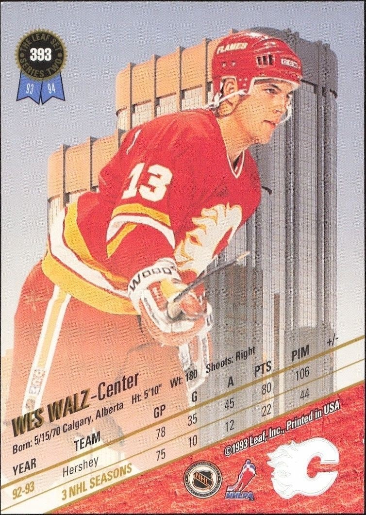 1993-94 Leaf Series 2 Wes Walz #393 hockey trading card back