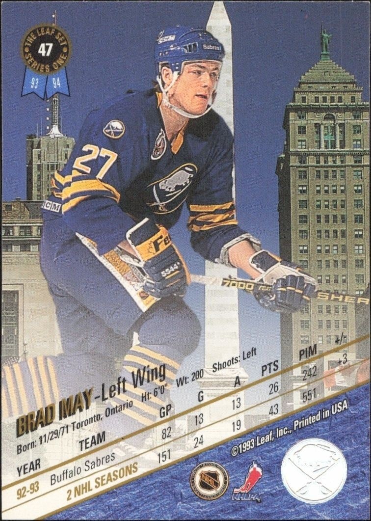 1993-94 Leaf Brad May #47 hockey trading card back