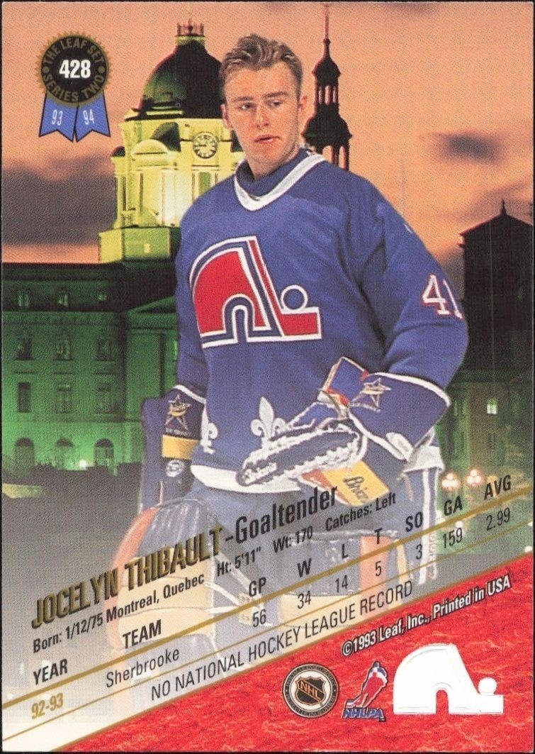 1993-94 Leaf Series 2 Jocelyn Thibault #428 hockey trading card back