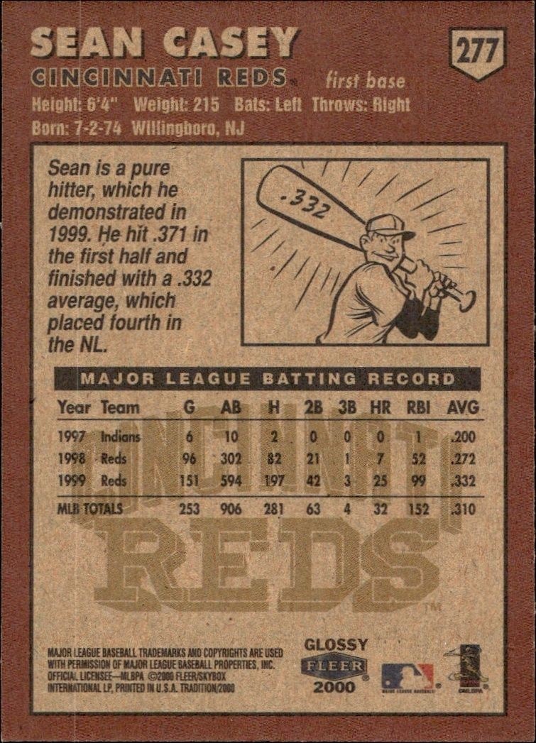 2000 Fleer Tradition Sean Casey #277 baseball trading card back