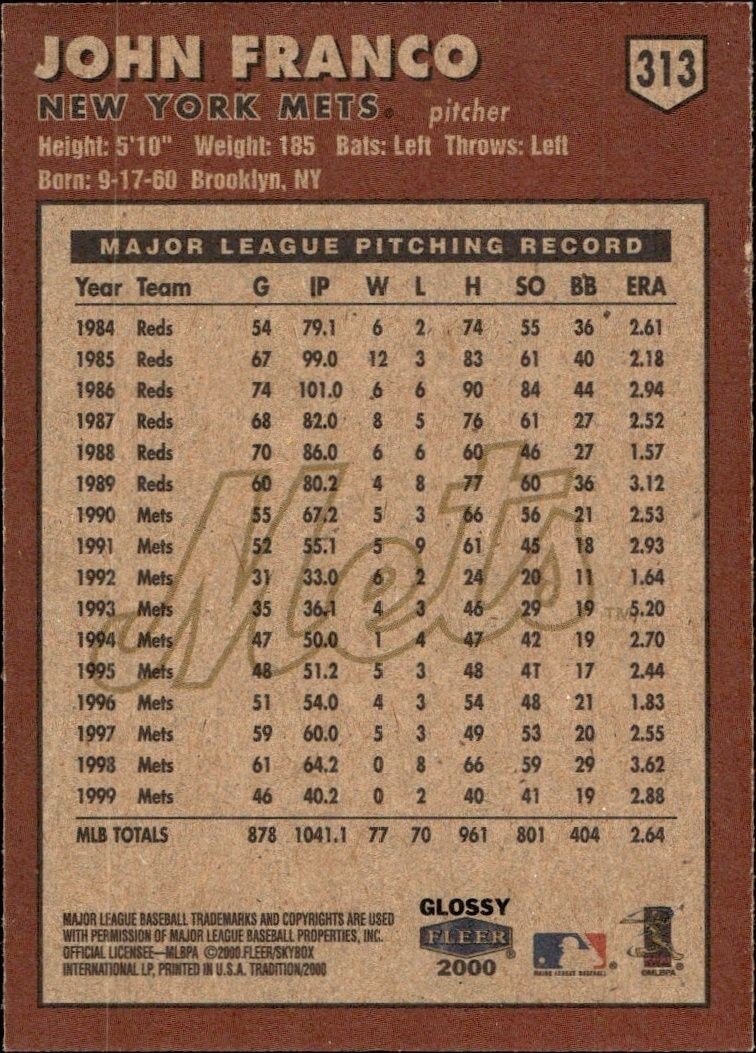 2000 Fleer Tradition Glossy John Franco #313 baseball trading card back