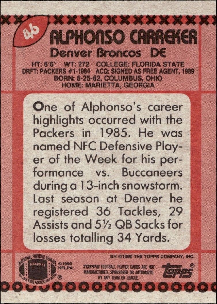 1990 Topps Alphonso Carreker #46 football trading card back