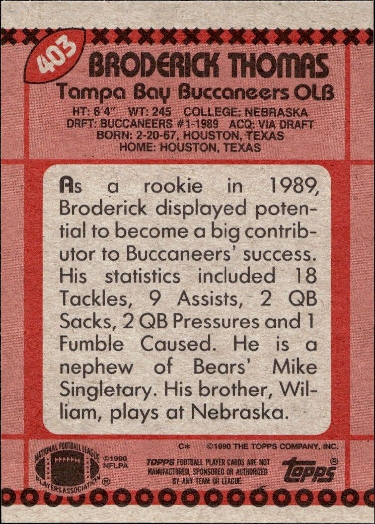 1990 Topps Broderick Thomas #403 football trading card back