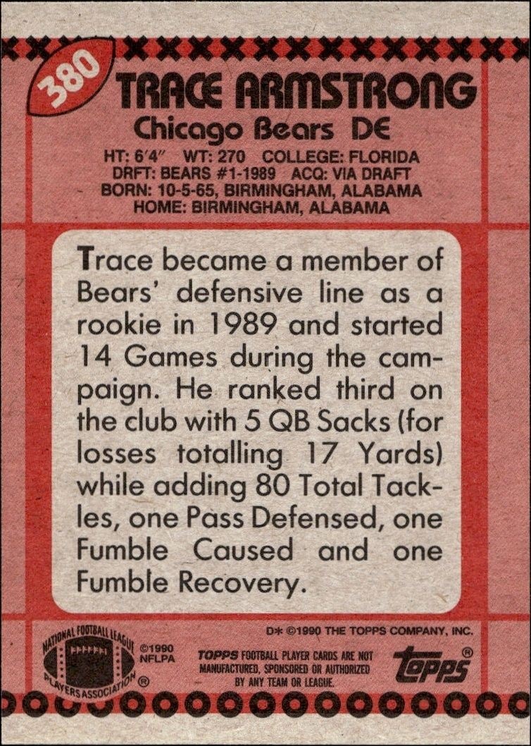 1990 Topps Trace Armstrong #380 football trading card back