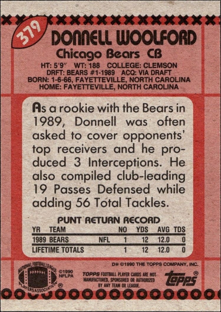 1990 Topps Donnell Woolford #379 football trading card back
