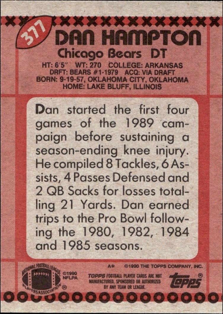 1990 Topps Dan Hampton #377 football trading card back