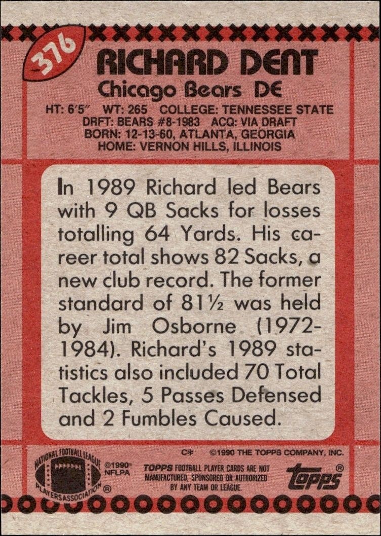 1990 Topps Richard Dent #376 football trading card back