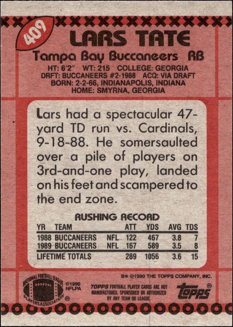1990 Topps Lars Tate #409 football trading card back