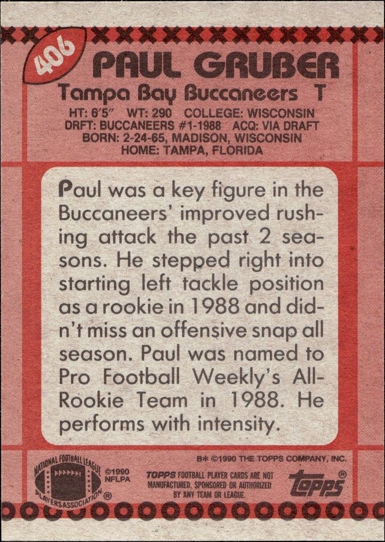 1990 Topps Paul Gruber #406 football trading card back
