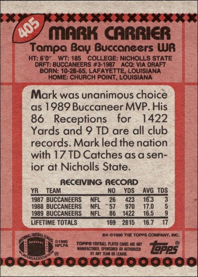 1990 Topps Mark Carrier #405 football trading card back