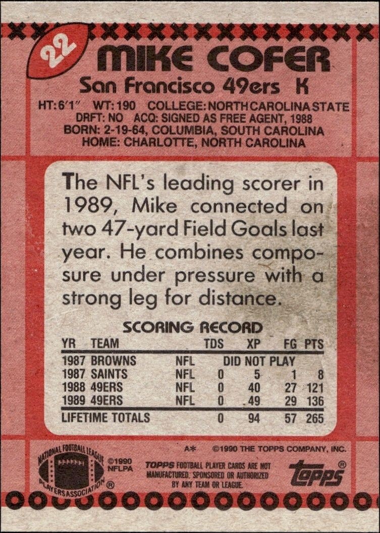 1990 Topps Mike Cofer #22 football trading card back