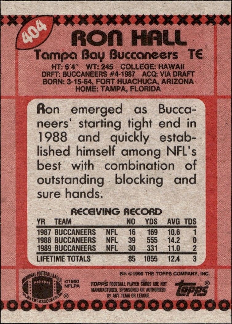 1990 Topps Ron Hall #404 football trading card back