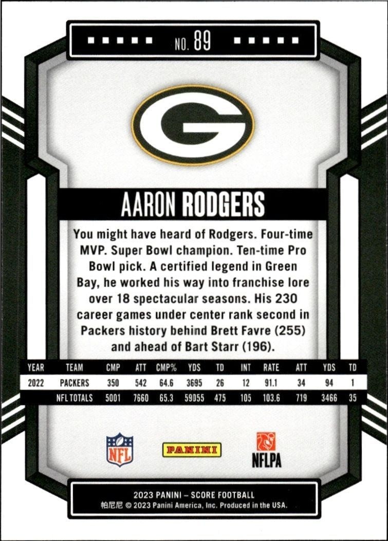 2023 Panini Score Aaron Rodgers #89 football trading card back