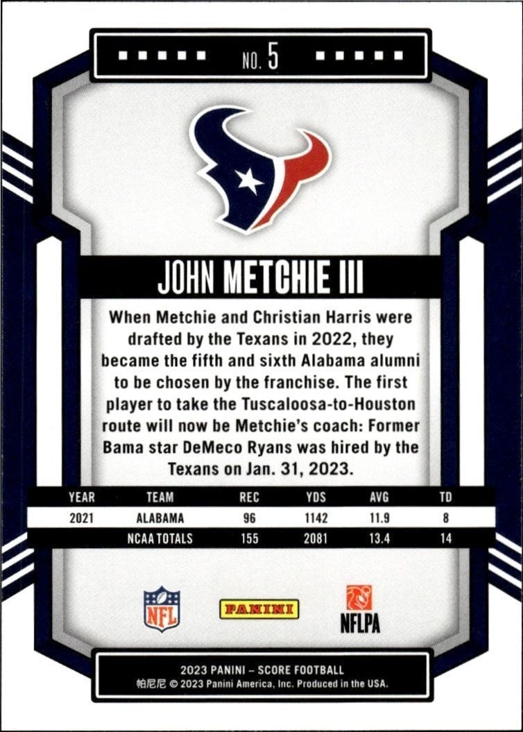 2023 Panini Score John Metchie III #5 football trading card back