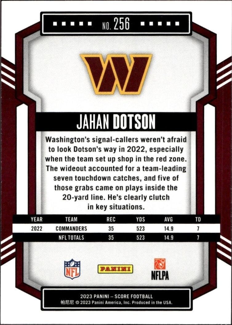 2023 Panini Score Jahan Dotson #256 football trading card back