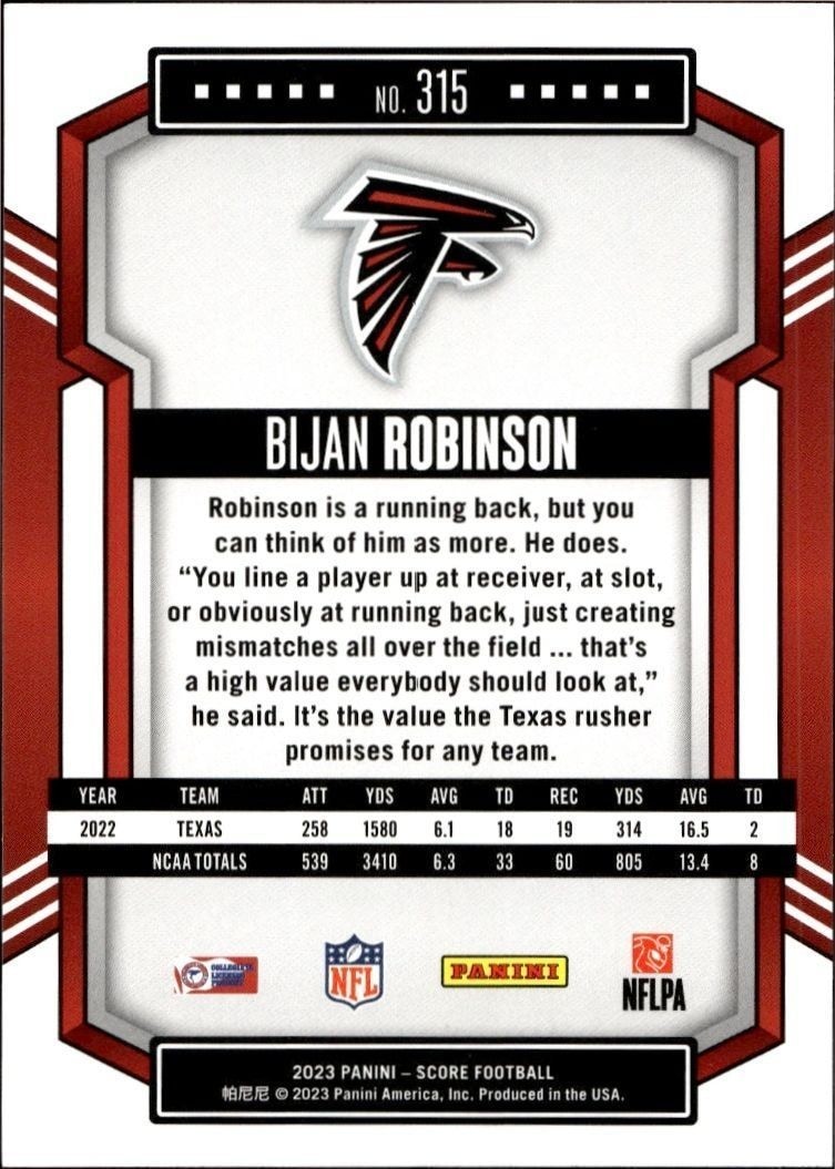2023 Panini Score Bijan Robinson #315 football trading card back