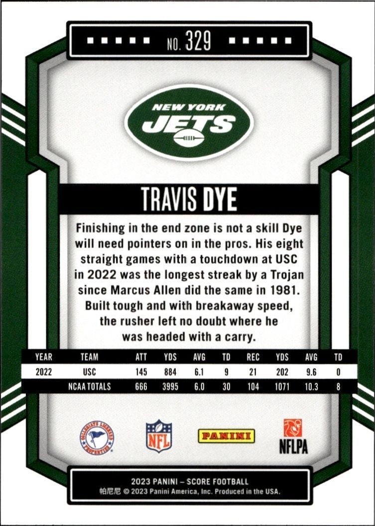 2023 Panini Score Travis Dye #329 football trading card back