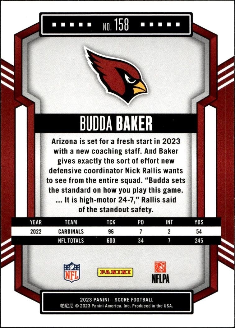 2023 Panini Score Budda Baker #158 football trading card back