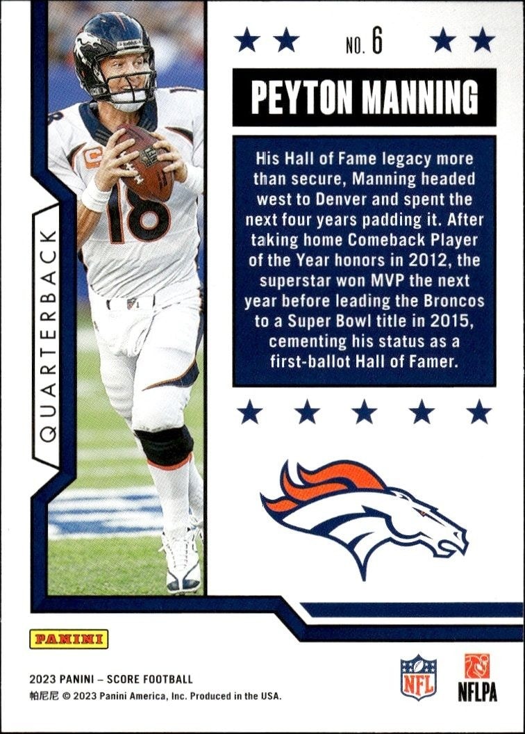 2023 Panini Score Peyton Manning #6 football trading card back