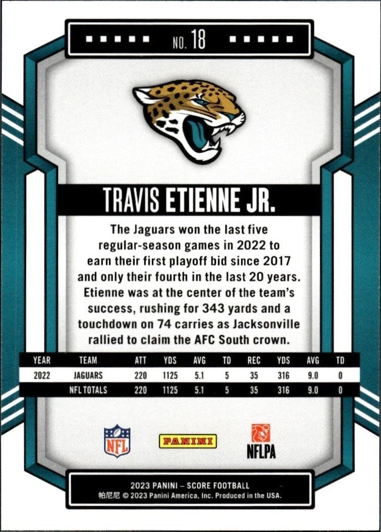 2023 Panini Score Travis Etienne Jr. #18 football trading card back