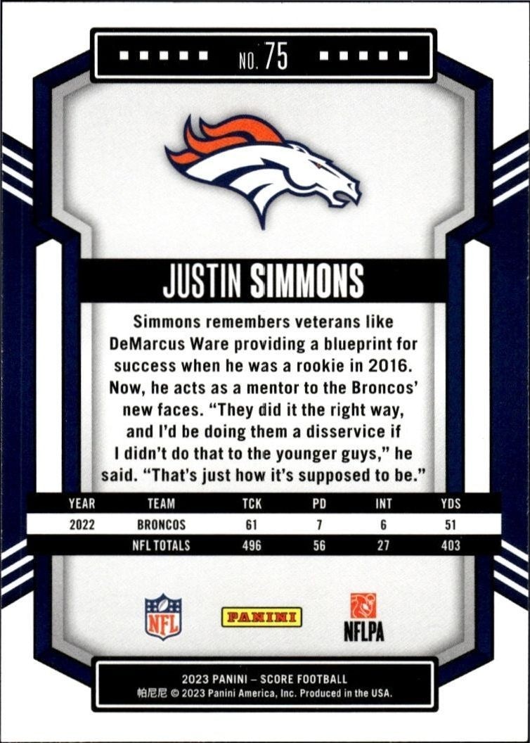 2023 Panini Score Justin Simmons #75 football trading card back