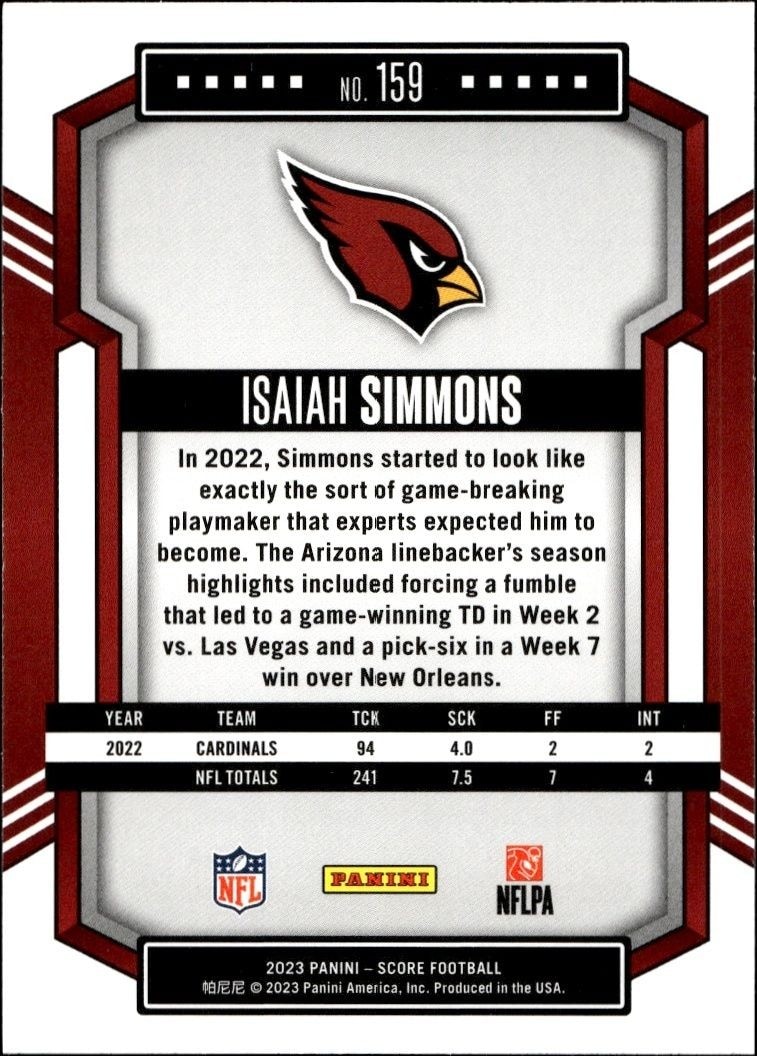 2023 Panini Score Isaiah Simmons #159 football trading card back