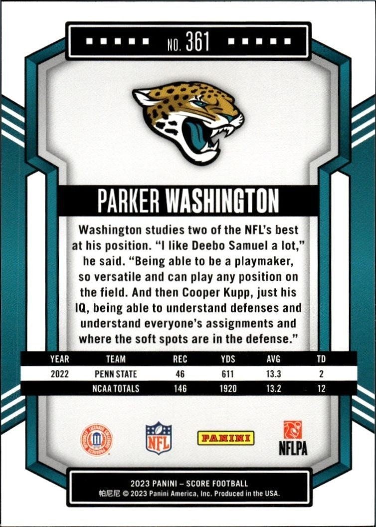 2023 Panini Score Parker Washington #361 football trading card back