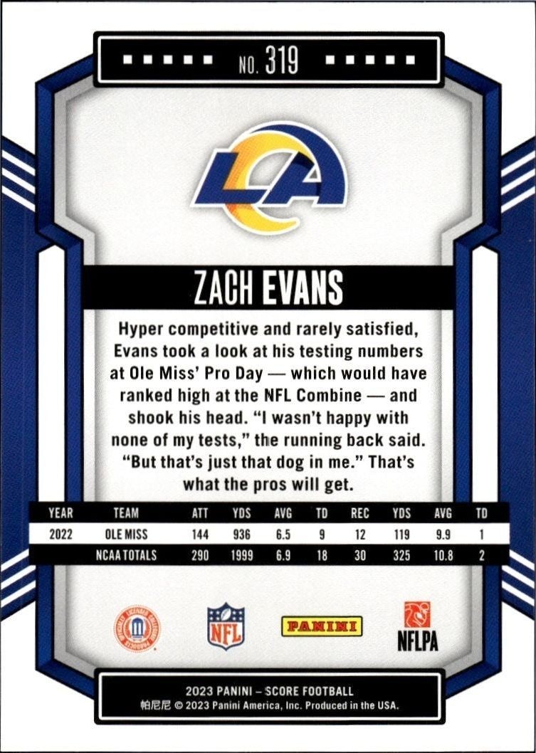 2023 Panini Score Zach Evans #319 football trading card back