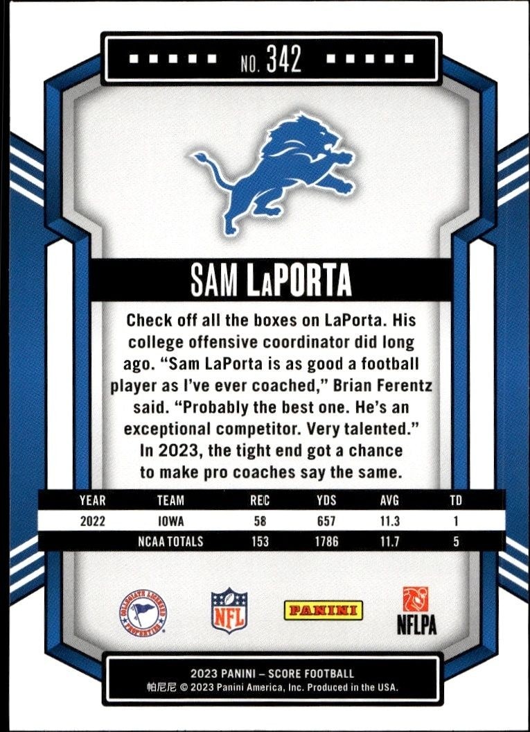 2023 Panini Score Sam LaPorta #342 football trading card back