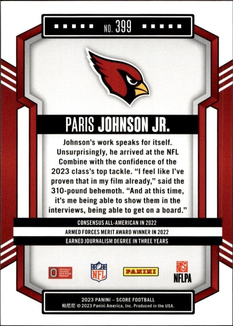 2023 Panini Score Paris Johnson Jr. #399 football trading card back