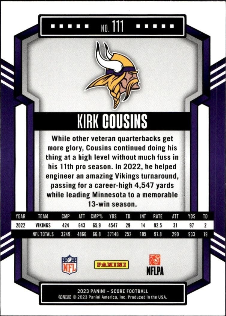 2022 Panini Score Kirk Cousins #111 football trading card back