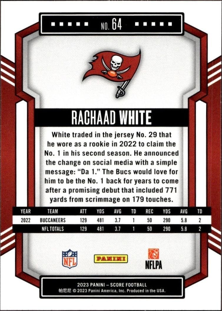 2023 Panini Score Rachaad White #64 football trading card back