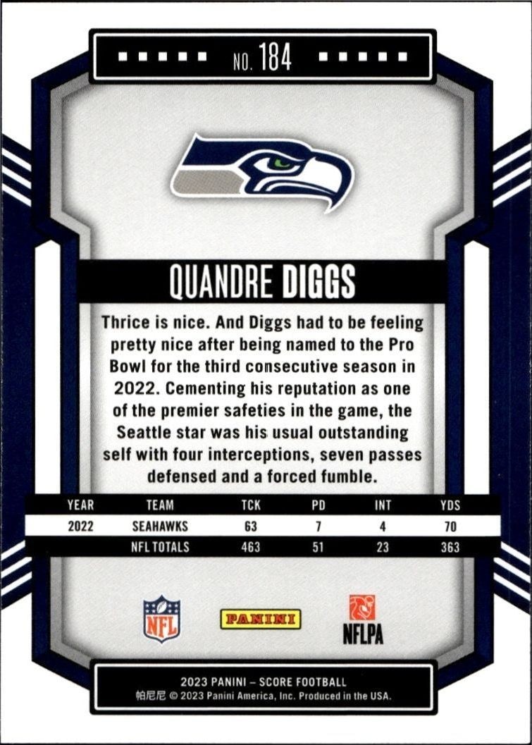 2023 Panini Score Quandre Diggs #184 football trading card back